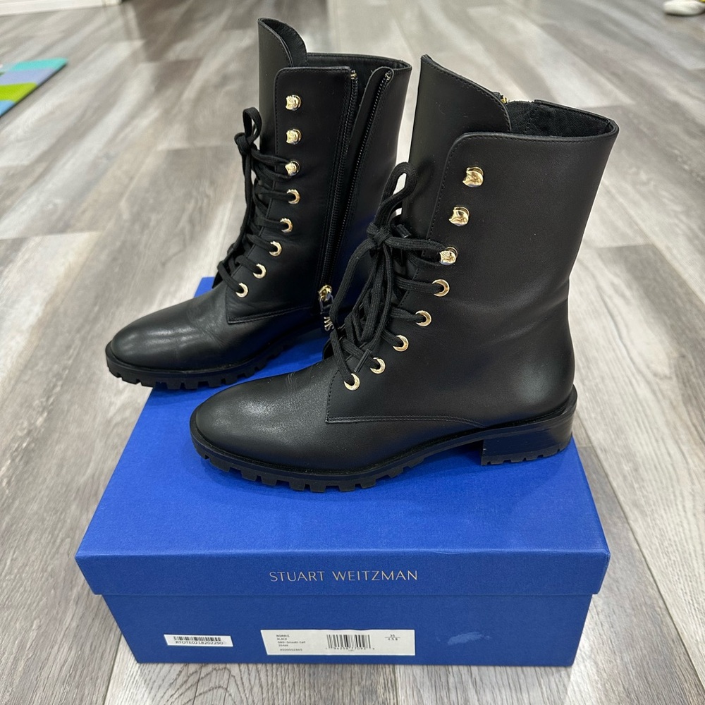 Stuart Weitzman Black Combat Boots with Gold Accents